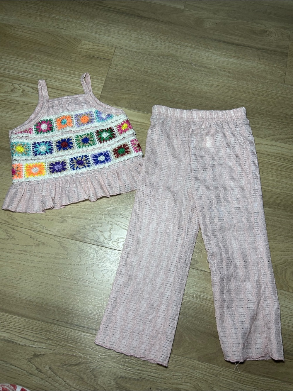 Source Unknown Pink Crochet Knit Kids Matching Set with Multicolor Accents